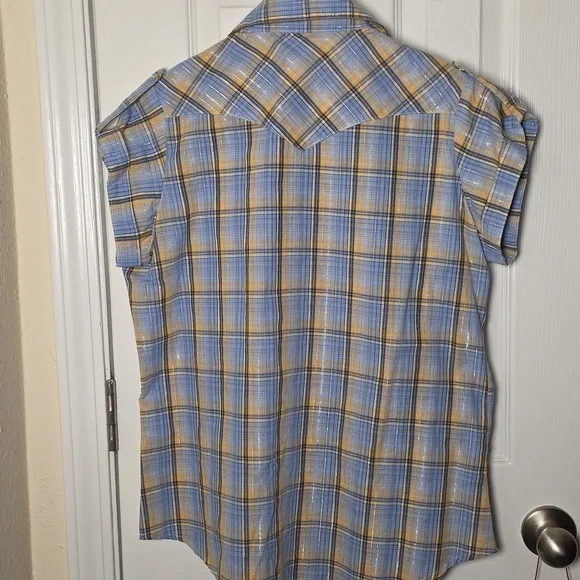Wrangler Western Women's Blue and Yellow Plaid Shirt With Silver Metallic Thread - Picture 3 of 4